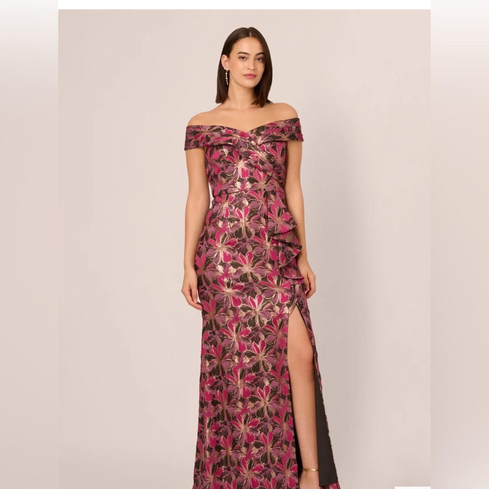 Adrianna Papell Magenta Floral One-Shoulder Evening Gown